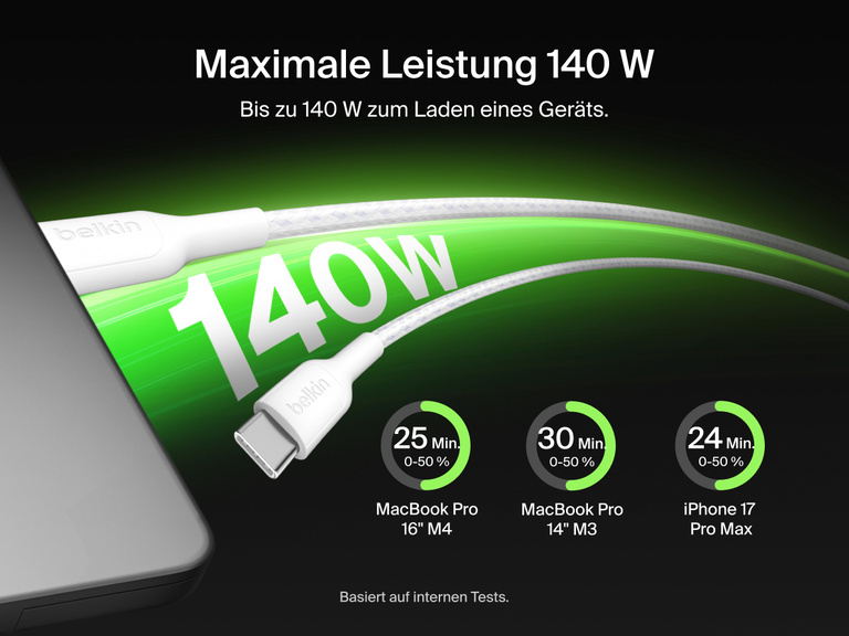 Das geflochtene Belkin BoostCharge Pro USB-C-Doppelkabel unterst&uuml;tzt bis zu 140&nbsp;W Leistung zum schnellen Laden eines Ger&auml;ts, etwa Laptop oder Smartphone.